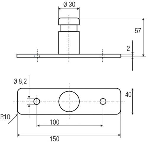 Tehnična risba strojnega dela z merami: Valj s premerom 30 mm, višino 57 mm. Pravokotna osnova, dolga 150 mm, široka 40 mm.