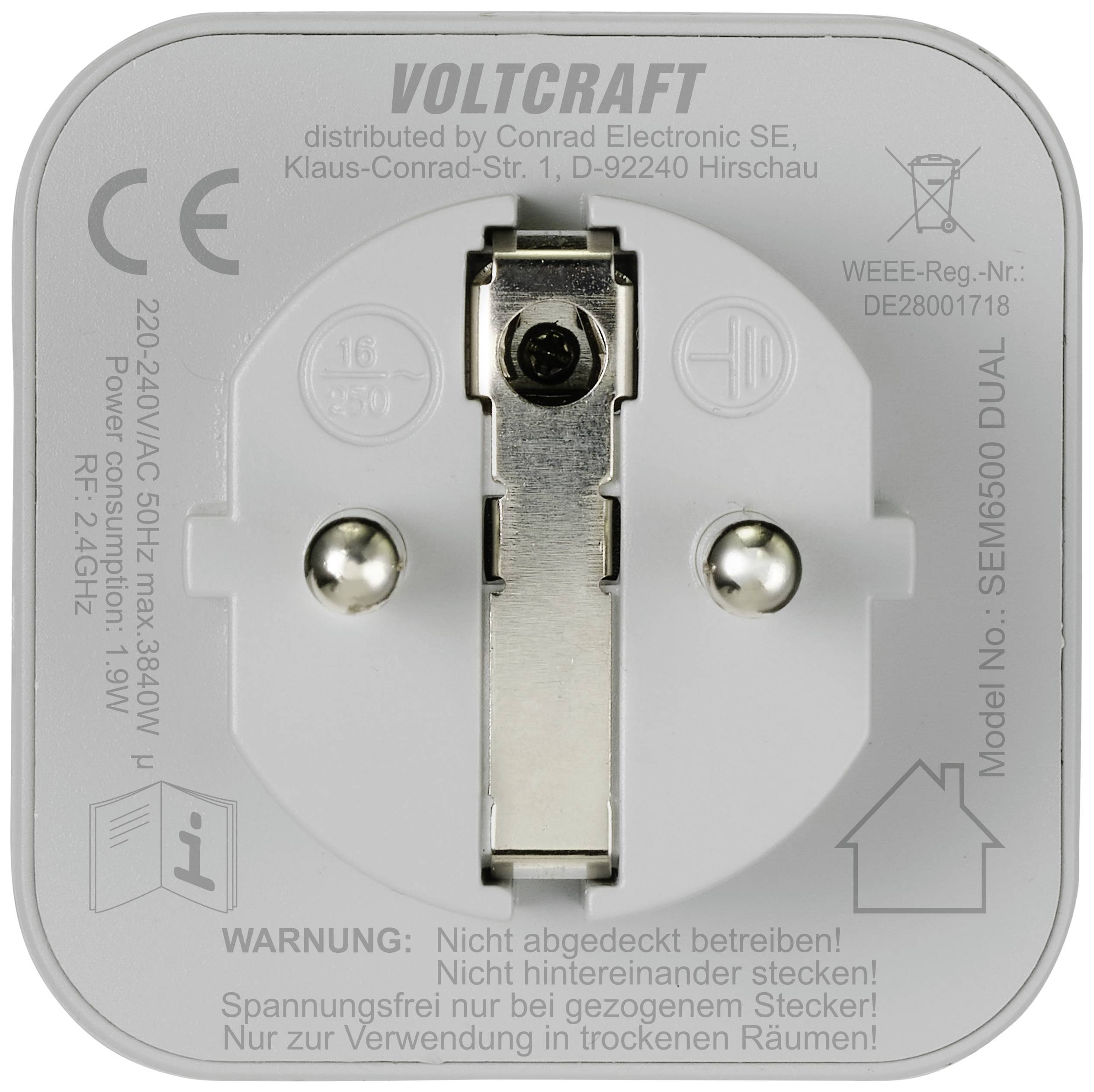 Bela Voltcraft vtičnica z opozorilom: 'Ne uporabljati brez pokrova!' Model SEM6500 DUAL, 220-240V, 19W, opremljen s CE-certifikatom.