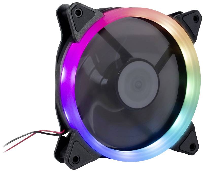 Barvit računalniški ventilator z RGB-osvetlitvijo, okrogle oblike, črno ogrodje, dva kabla za napajanje.