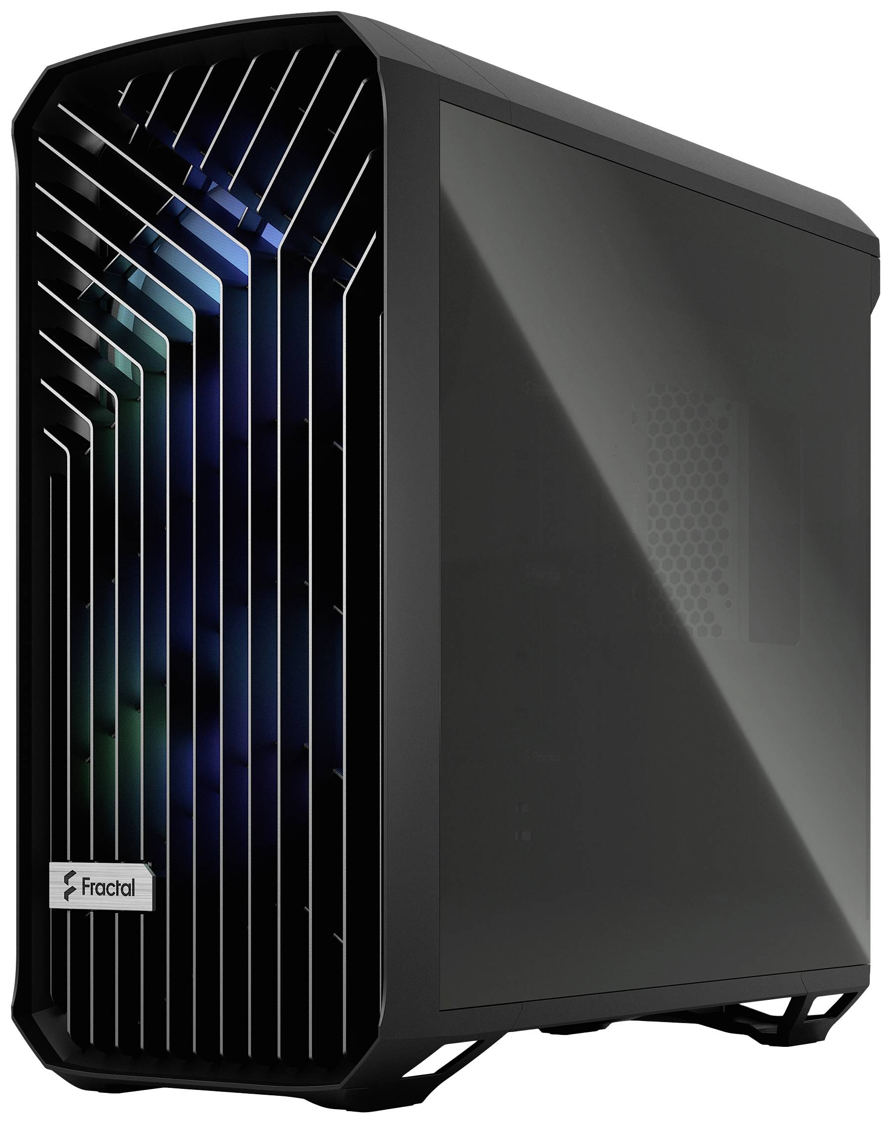 Črno ohišje za PC s prozornim stranskim panelom in prezračevano sprednjico; moderno oblikovanje, primerno za sestavo računalnika.