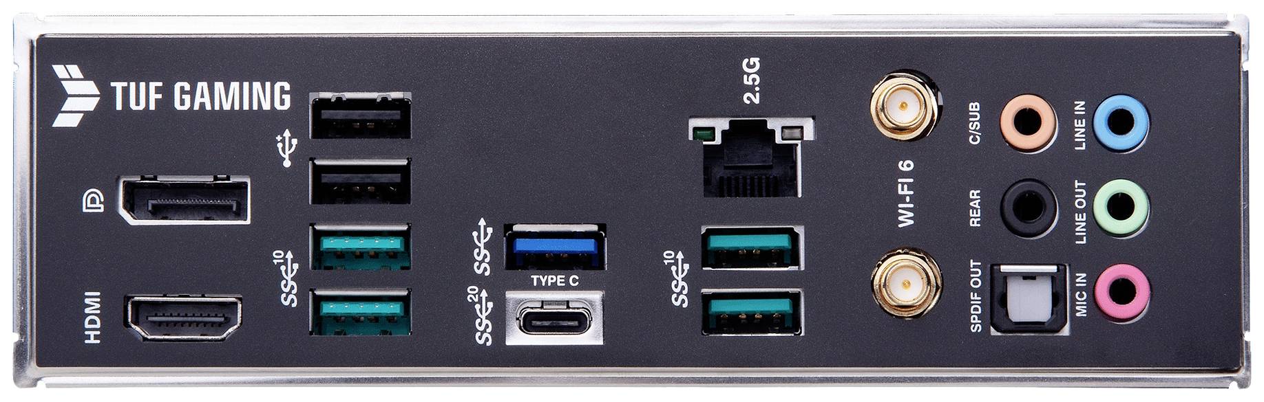 Zadnja stran računalniškega matične plošče z več priključki: HDMI, DisplayPort, USB tipa A in C, Ethernet in avdio.