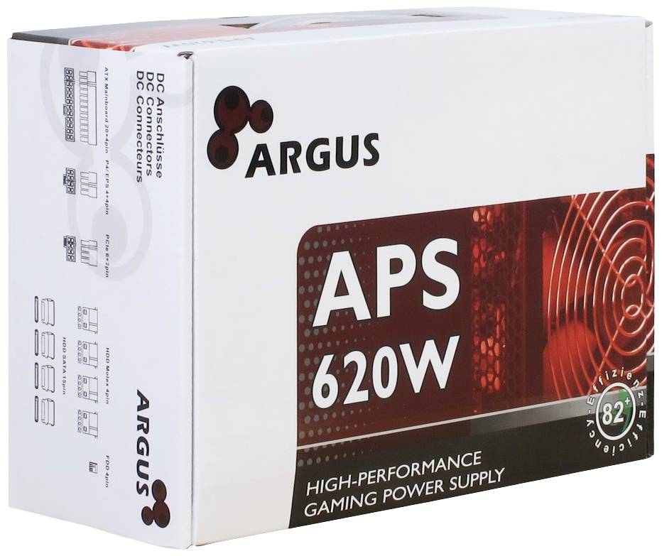 'ARGUS APS 620W' napajalnik za gaming. Prikazuje tehnične specifikacije in besedilo 'Visoko zmogljiv gaming napajalnik'.
