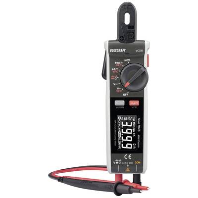 Digitalni multimeter z zaslonom, sponkami in merilnimi vodniki, primeren za meritve napetosti in toka, znamke Voltcraft, model VC371.