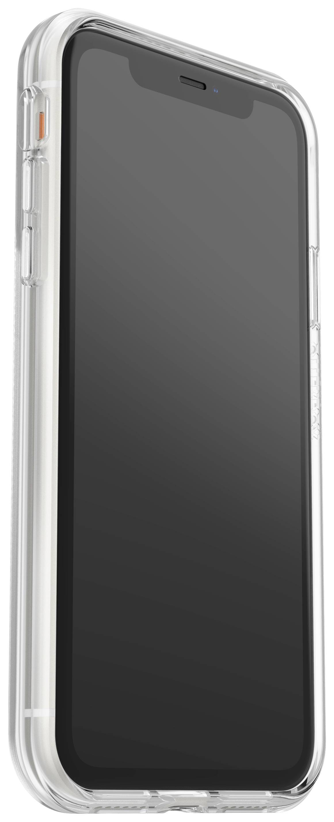Pametni telefon s črnim zaslonom v prozornem ovitku, stoječ z rahlo nagnjeno zadnjo stranjo navzgor, pred belim ozadjem.