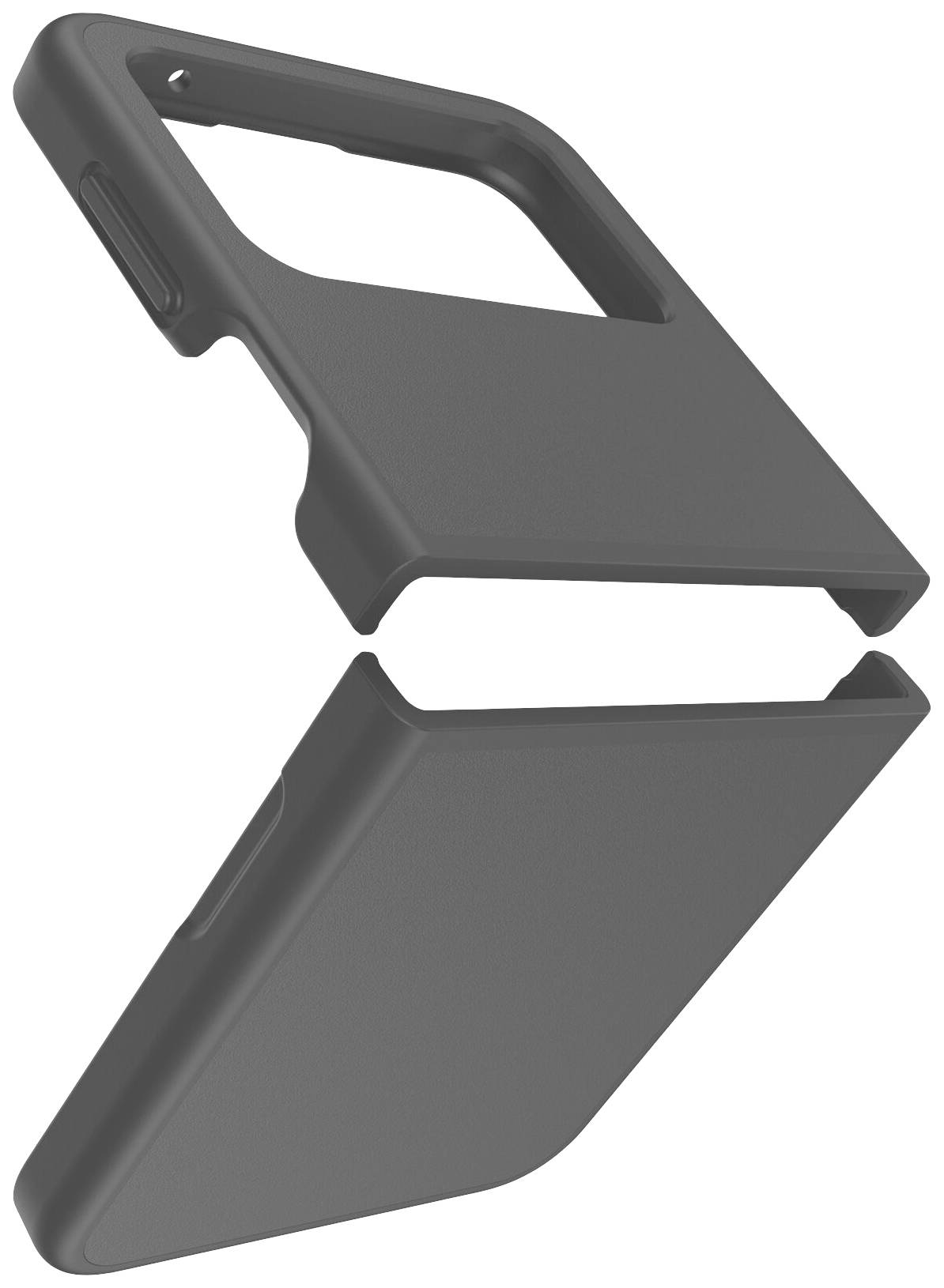 Dvodelen, črn ovitek za pametni telefon v modernem dizajnu. Zgoraj je izrez za kamero, spodnji del pa je odstranljiv.