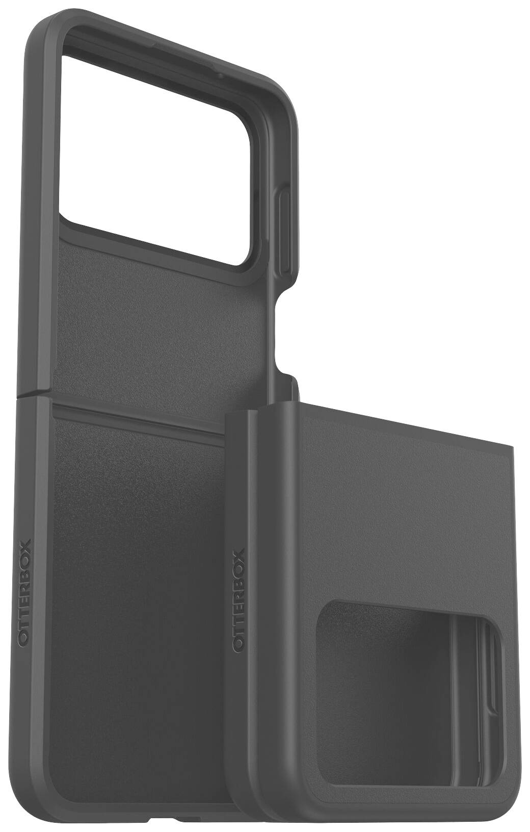 Črn mobilni ovitek znamke OtterBox z vgrajenim drsnim mehanizmom za prekrivanje kamere, fotografiran pred belo podlago.