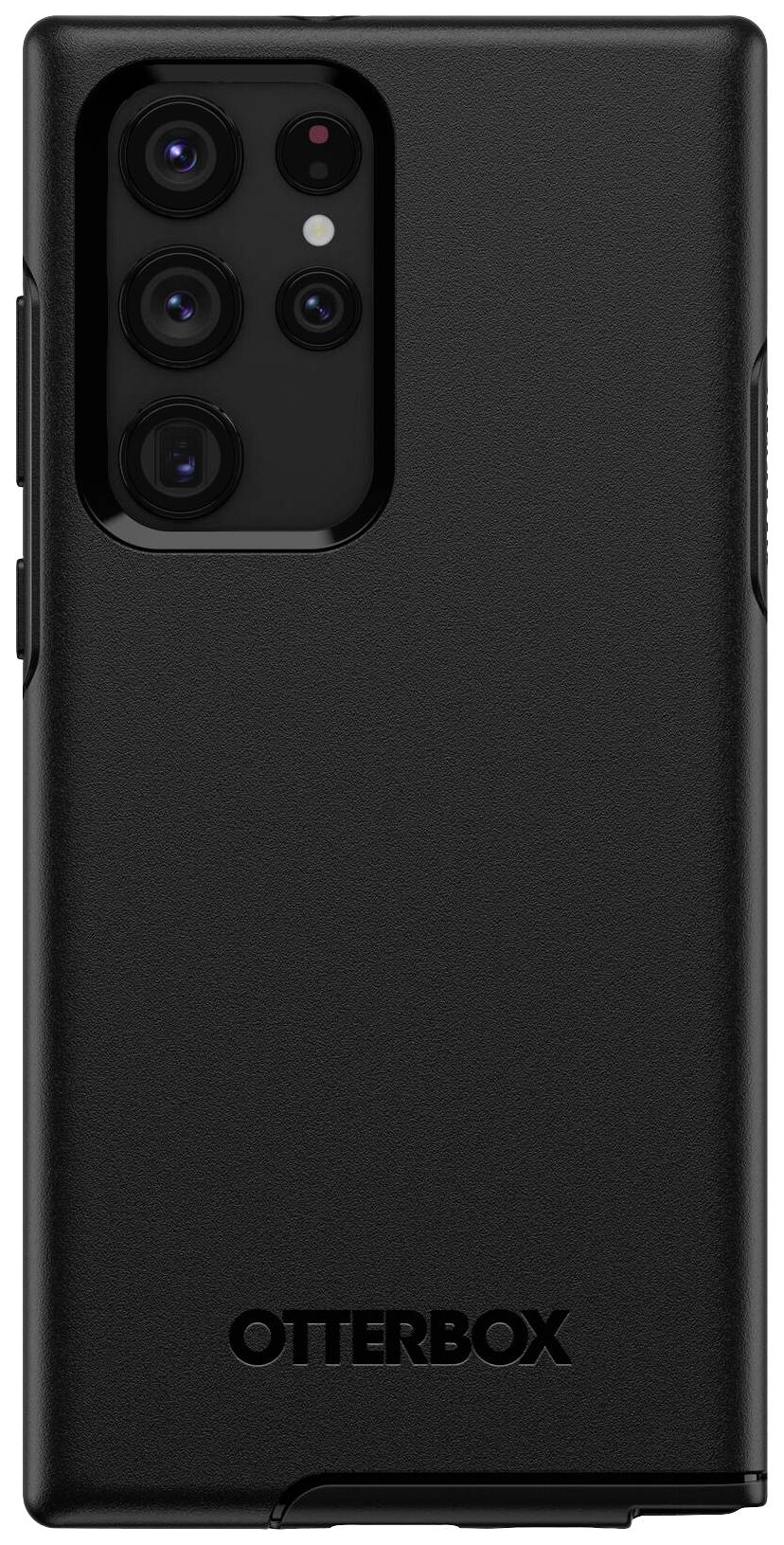 Črn mobilni ovitek znamke OtterBox, pogled od zadaj. Vidnih več kamerskih leč. Minimalistično oblikovanje.