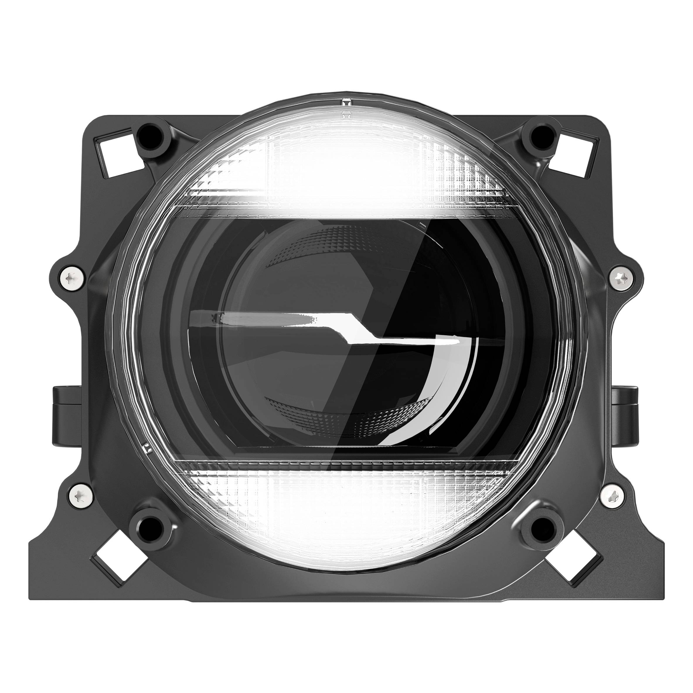 Okrogel LED-reflektor v črni ohišju z montažnimi odprtinami. Ima jasno stekleno pokrov, nameščen nad odsevno površino.
