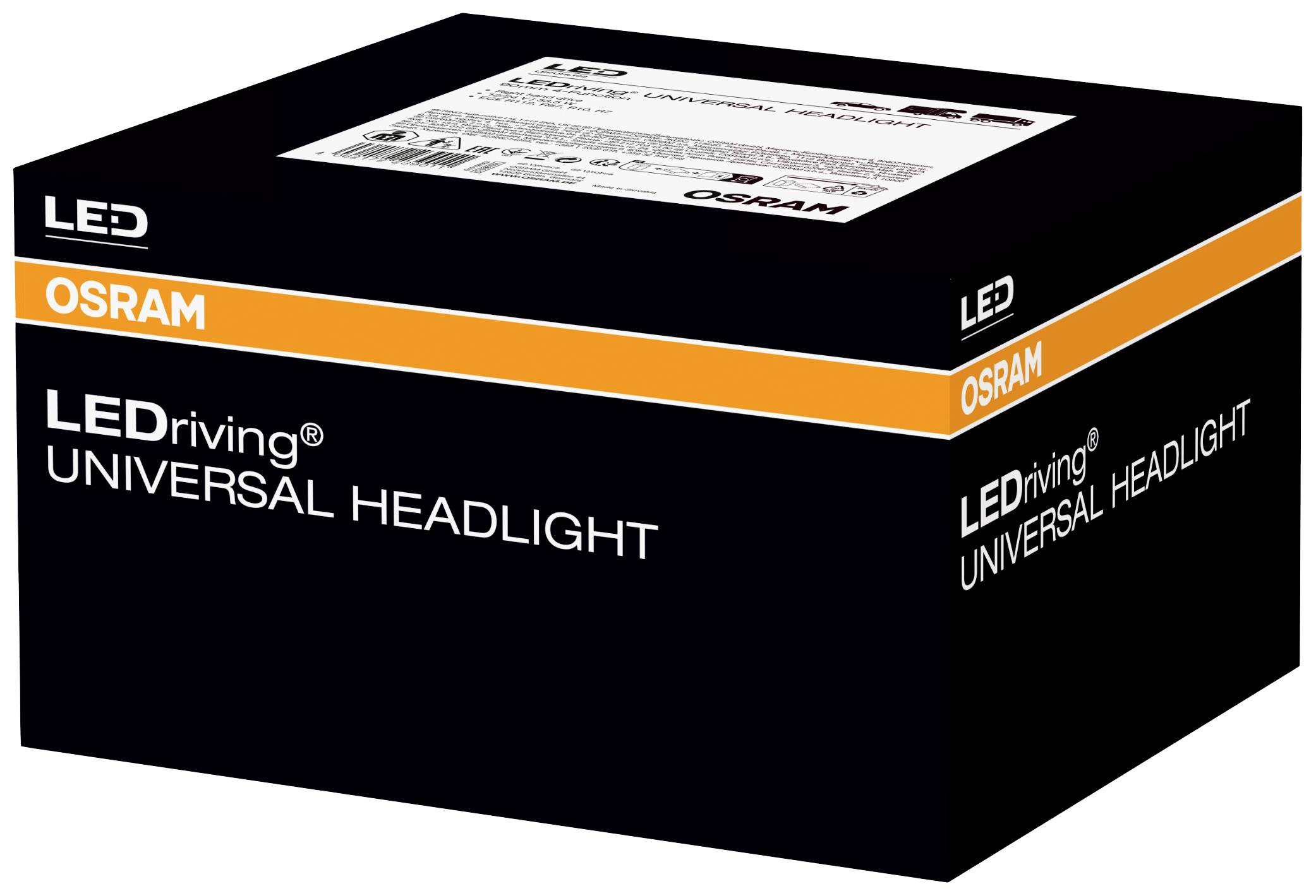 Embalaža 'LEDdriving UNIVERSAL HEADLIGHT' podjetja OSRAM, črna z oranžnim trakom. Vsebuje informacije o LED-žarometu.