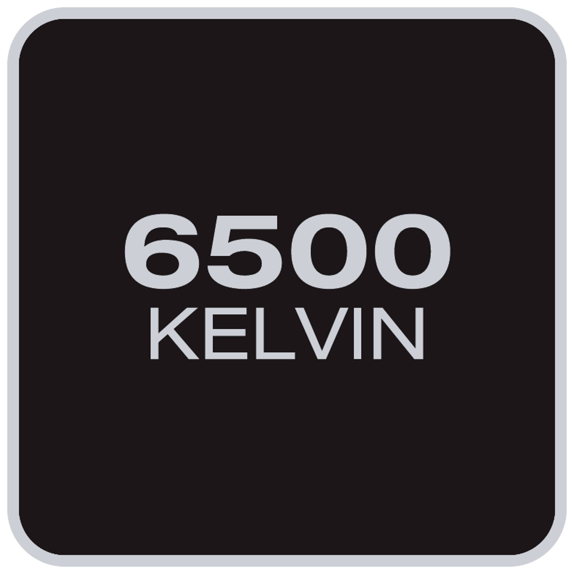 '6500 Kelvin' z velikimi sivimi črkami na črni podlagi. Lahko se nanaša na barvo svetlobe ali barvno temperaturo.
