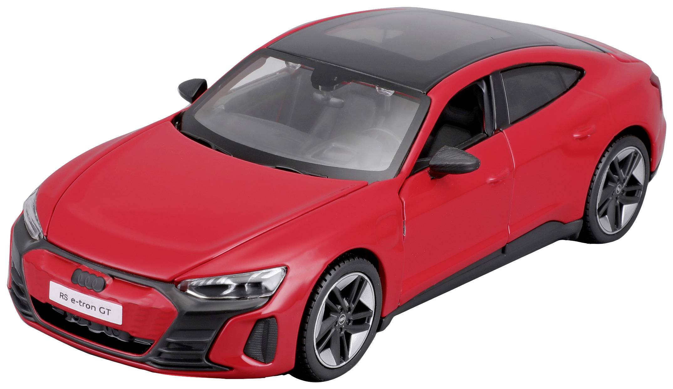 Rdeč model avtomobila Audi e-tron GT, štirivraten in športen. Pogled od spredaj pod kotom. Vidne so glavne značilnosti.
