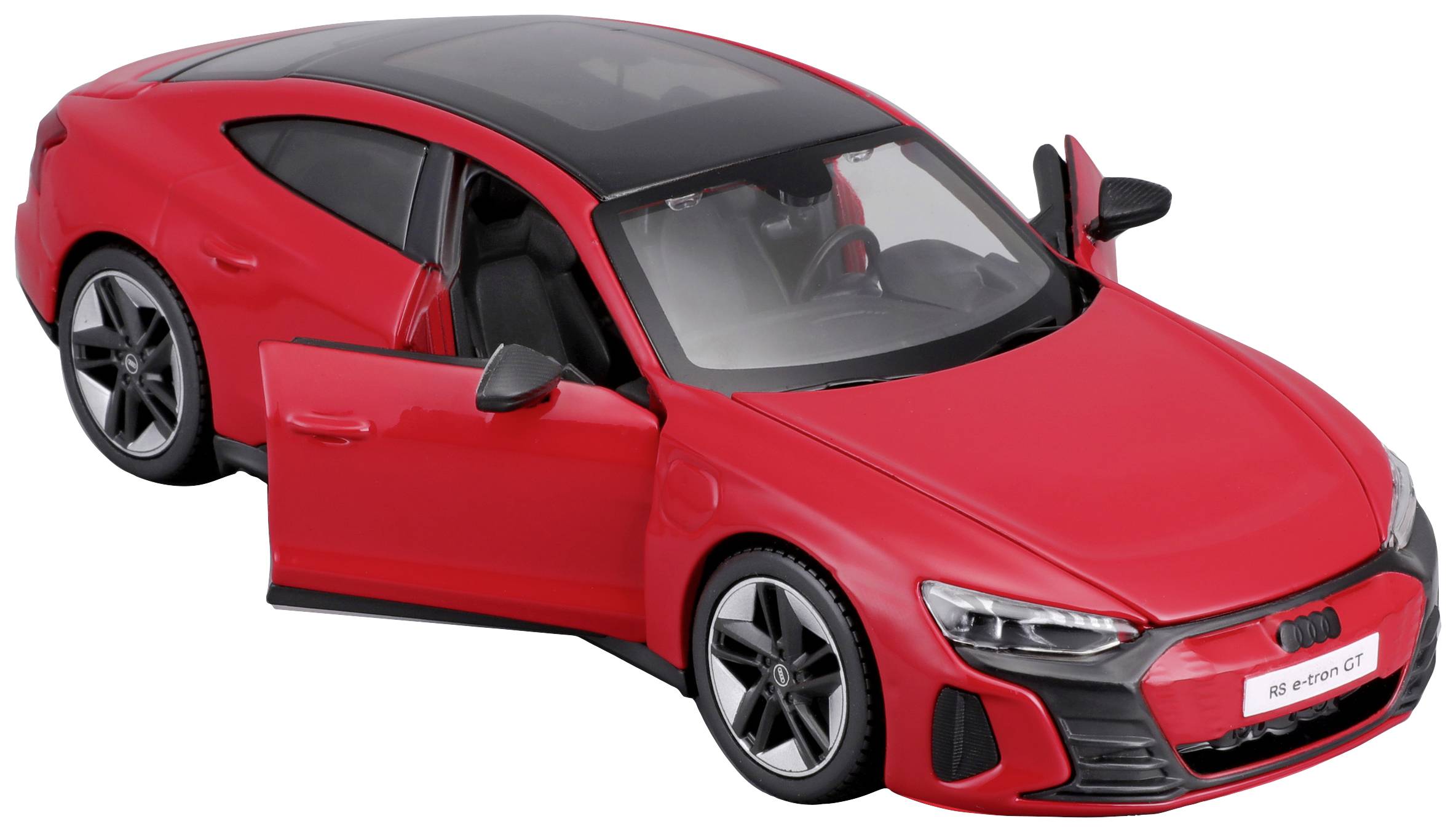 Rdeč modelček avtomobila Audi e-tron GT z odprtimi vrati, ki prikazuje športno zasnovo in podrobnosti sprednje in stranske perspektive.