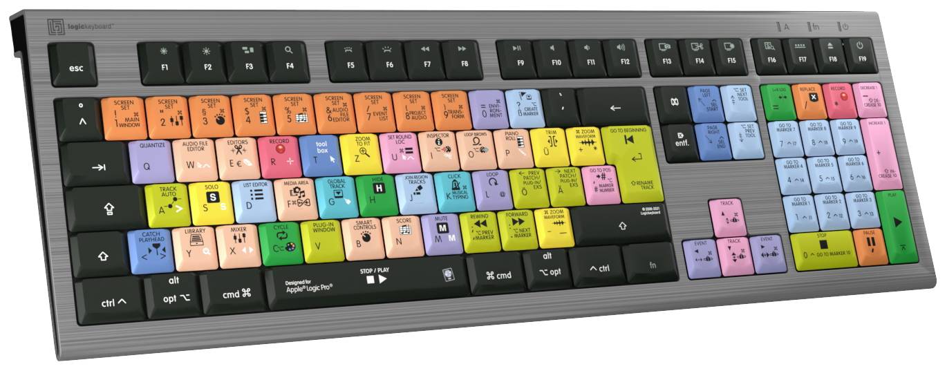Logickeyboard Apple Logic Pro X2 Astra kabelska povezava tipkovnica nemčija, qwertz siva multimedijska tipka, USB-hub, tihe tipke