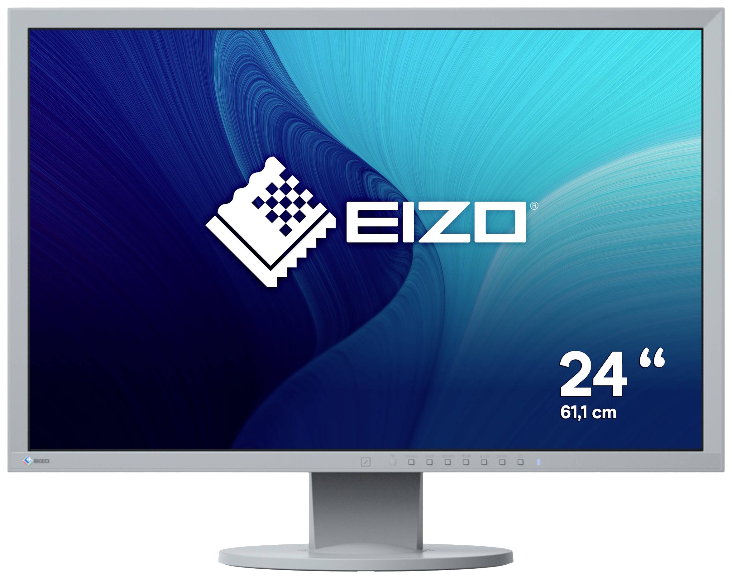 Računalniški zaslon z modrim ozadjem prikazuje logotip 'EIZO' in velikost zaslona '24 palcev, 61,1 cm'.