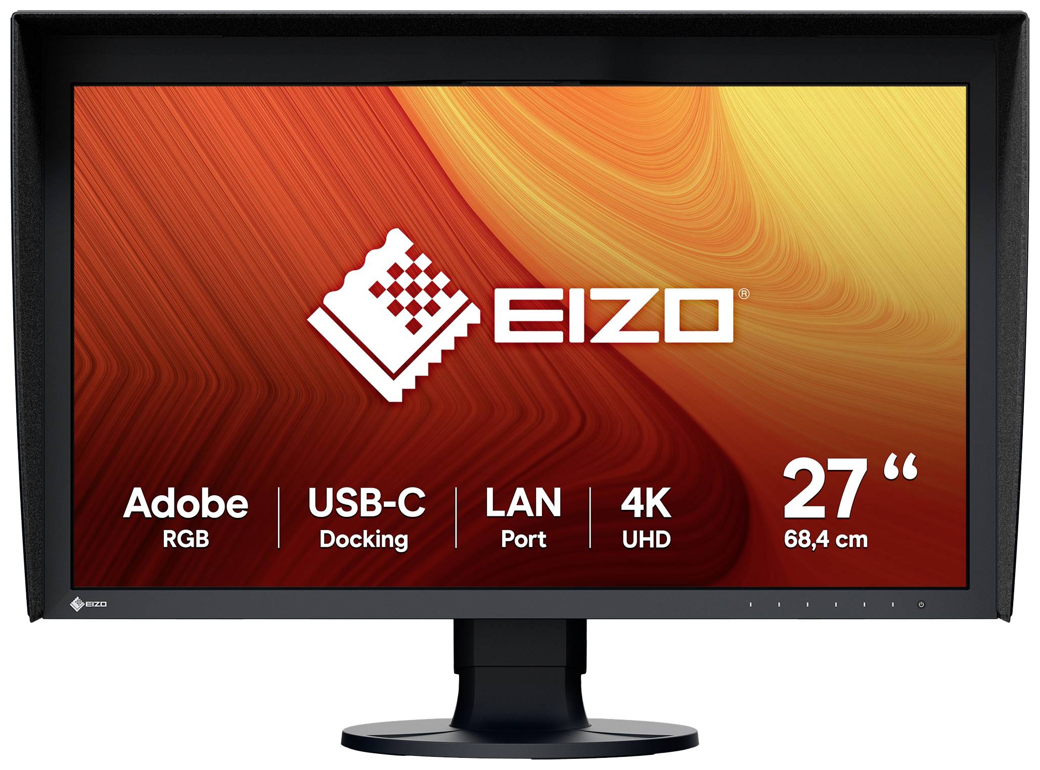EIZO-monitor prikazuje 'Adobe RGB', 'USB-C docking', 'LAN priključek', '4K UHD' in '27 palcev' na barvni podlagi.