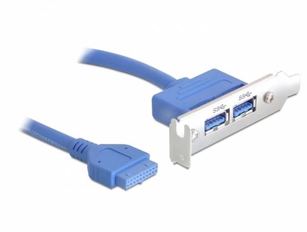 Modro interno USB 3.0 kabel z dvema priključkoma na kovinski nosilni plošči za vgradnjo v računalnik.