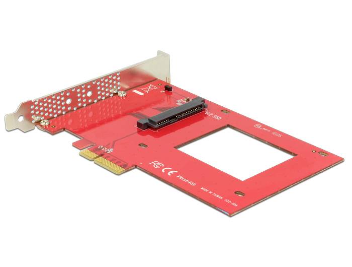 Rdeča PCIe adapterska kartica za M.2 SSD-je z L-oblikovano podporno konzolo. Primerna za vgradnjo v namizne računalnike za razširitev prostora za shranjevanje.