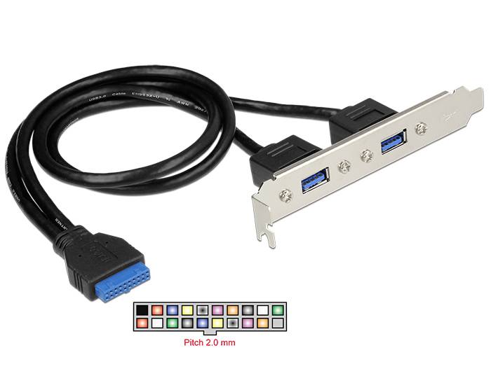 USB 3.0 podaljševalni kabel z dvema modrima USB priključkoma in notranjim vtičem za priklop na matično ploščo.