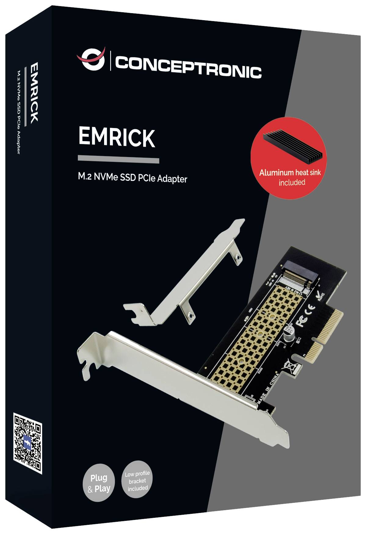 Embalaža M.2 NVMe SSD PCIe adapterja znamke Conceptronic s hladilnikom. Vsebuje slike in opombo 'Plug & Play'.