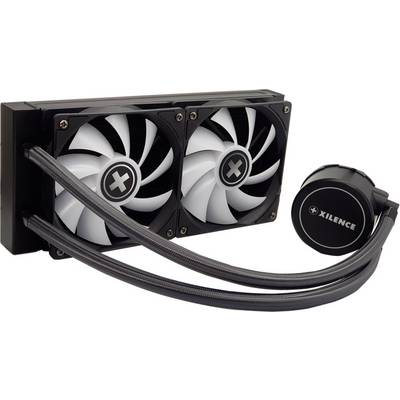 Računalniško hlajenje z vodo, opremljeno z dvema ventilatorjema in Xilence črpalko, povezano s cevmi, za učinkovito hlajenje.