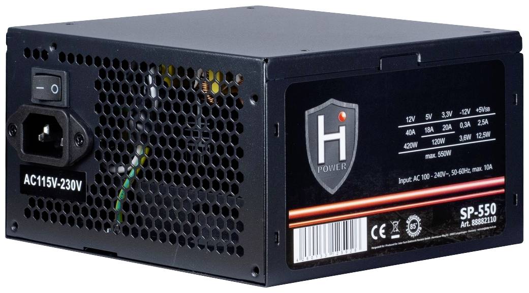 Črni računalniški napajalnik z prezračevalnimi odprtinami in nalepko, ki prikazuje napetostni razpon AC115V-230V, model SP-550 in moč 550W.