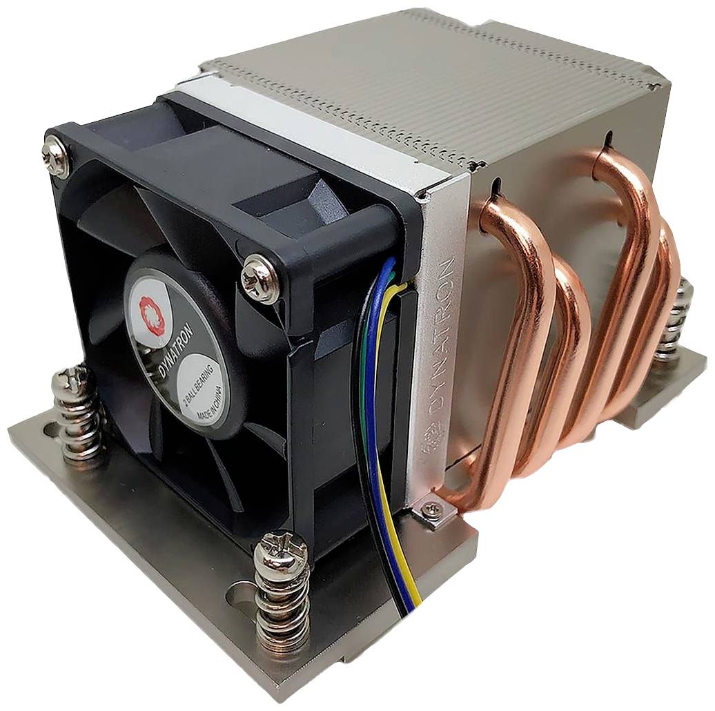 Računalniški CPU hladilnik iz kovine s baker toplotnimi cevmi in ventilatorjem. Nameščen je na kovinski nosilec z vzmetmi.