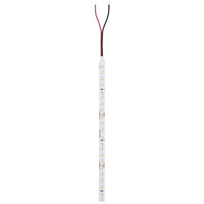 LED-trak s črnimi in rdečimi priključnimi kabli, ki prikazuje rumene in oranžne LED-diode na ozki, beli letvi.