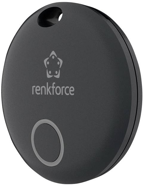 Črn ovalen Bluetooth sledilnik z logotipom 'renkforce', namenjen sledenju lokacije in iskanju predmetov.