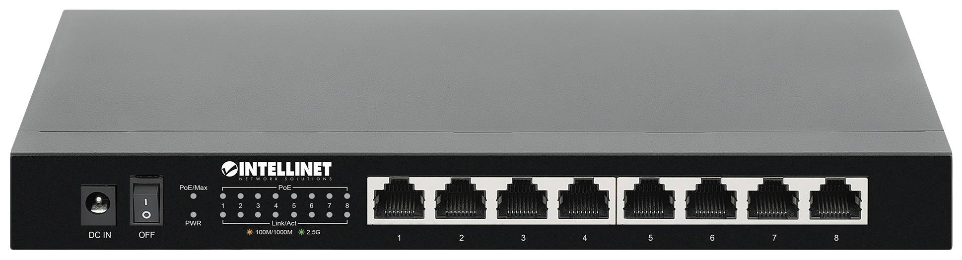 Črn omrežni switch z osmimi Ethernet vrati. Na levi strani sta mrežni gumb in LED indikator stanja.