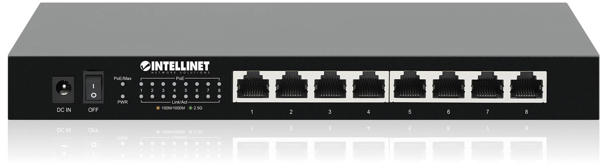Črn omrežni switch z osmimi Ethernet priključki in indikatorjem delovanja. Levo se nahaja stikalo za vklop/izklop.