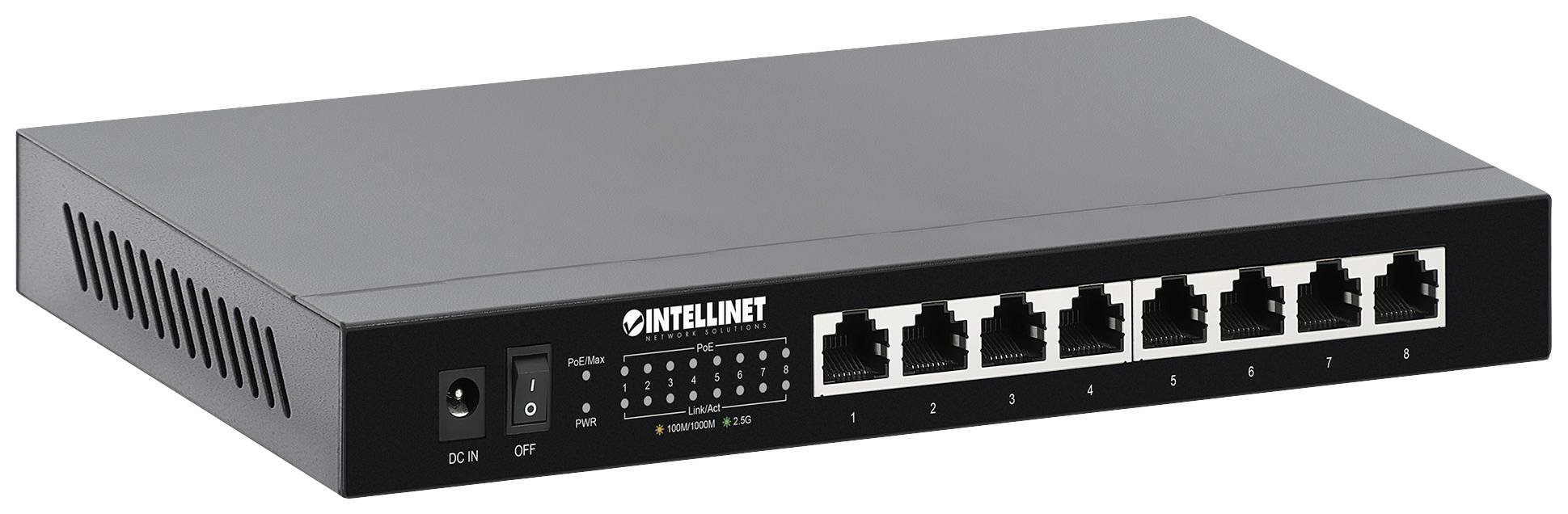 Črn mrežni switch z osmimi Ethernet vrati na sprednji strani, blagovne znamke 'Intellinet'.