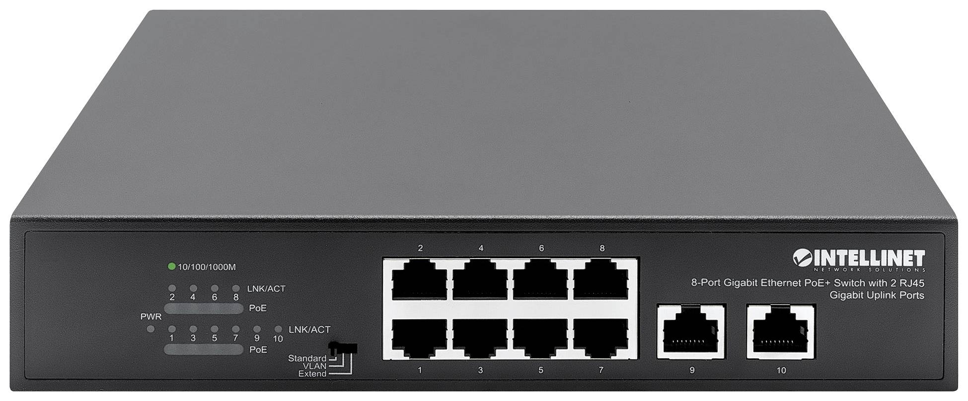 Mrežno stikalo z osmimi Ethernet priključki in dvema povezavama za hrbtenično omrežje, primerno za gigabitne povezave in podporo tehnologije Power-over-Ethernet.