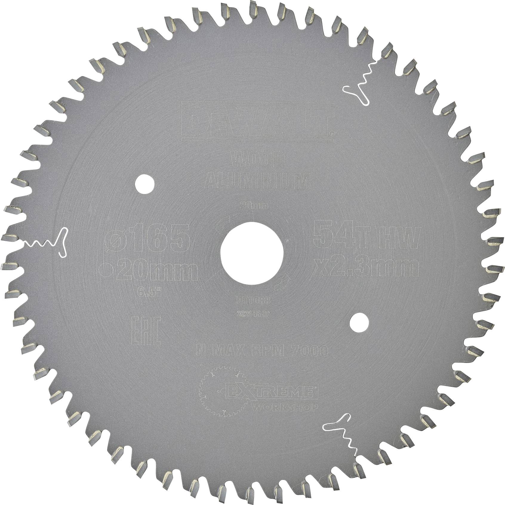 Žaga z 54 zobmi in premerom 165 mm za aluminij. Oznaka prikazuje specifikacije in logotip proizvajalca.