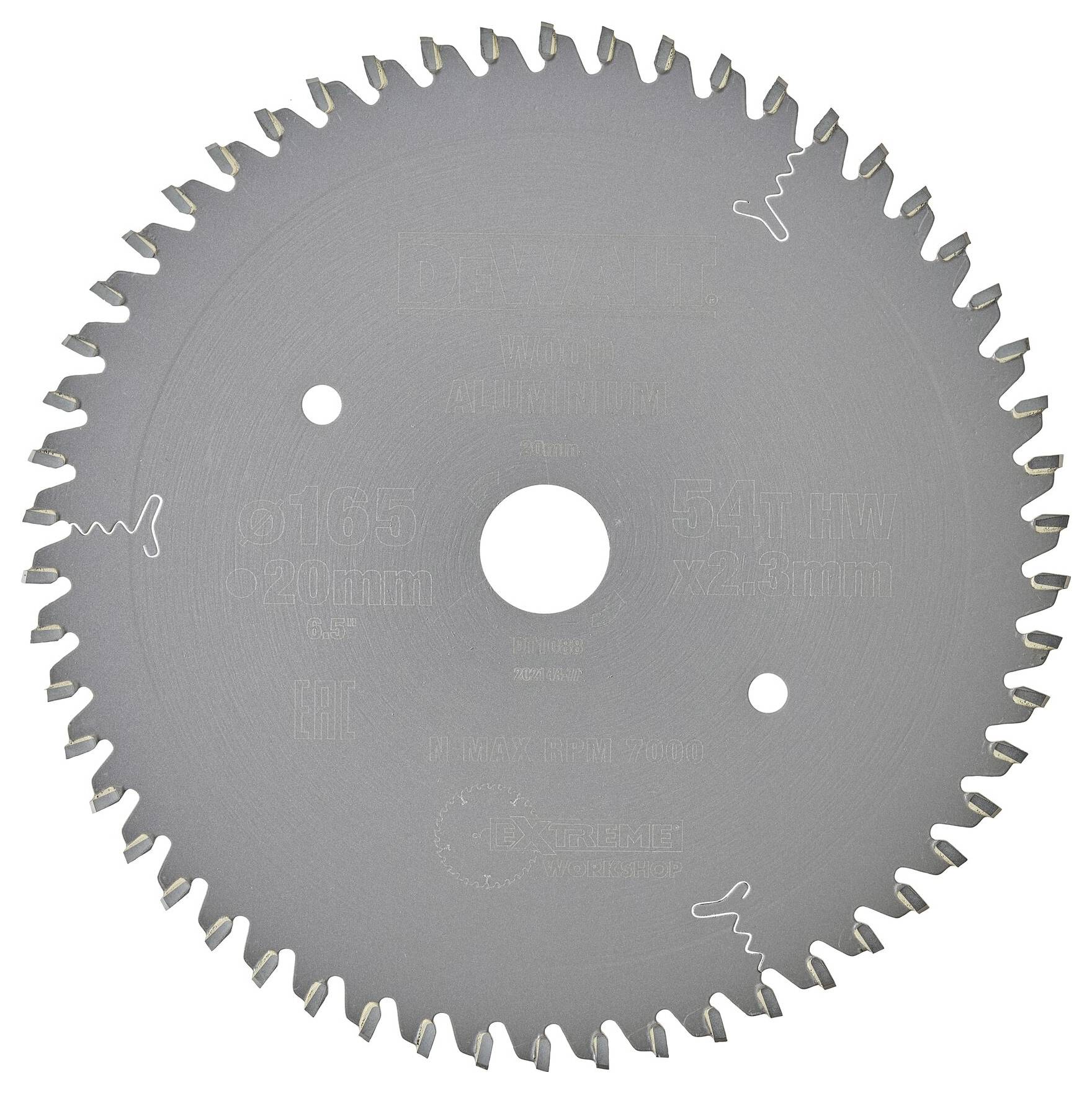 Srebrno krožno žaginsko platno s 48 zobmi. Napis prikazuje velikost: 165 mm, 54 zob, ter kotne oznake in blagovno znamko proizvajalca.