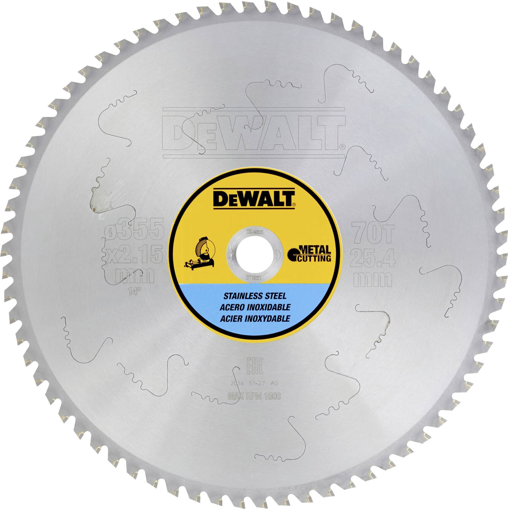 'Žaga za rezanje kovine, 255 mm, od DeWalt. Primerna za nerjavno jeklo. Okrogle oblike z ostrimi, nazobljanimi robovi.'