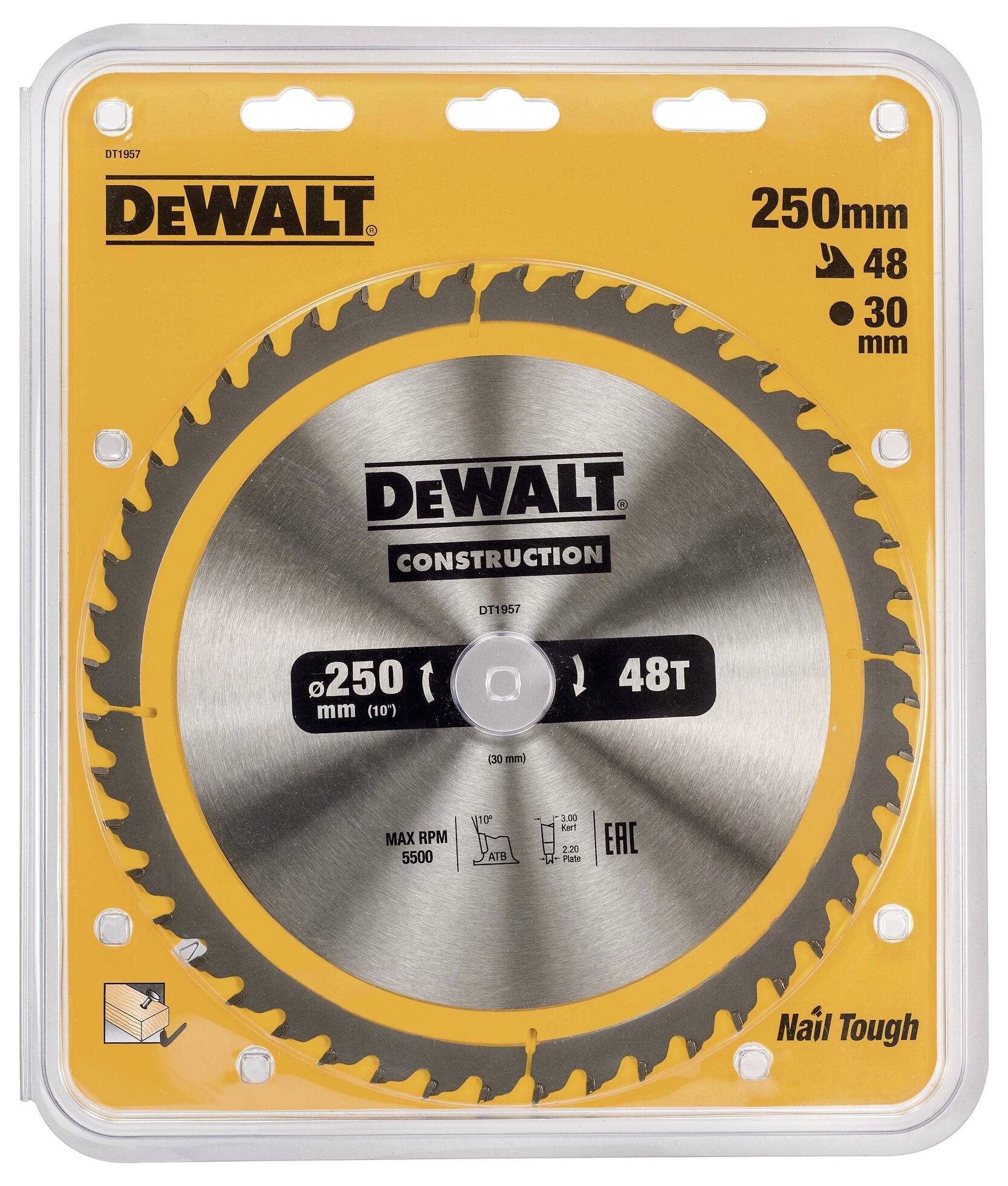 Krožna žaga DeWalt s premerom 250 mm, 48 zobmi in 30 mm središčno luknjo, v rumeni embalaži.