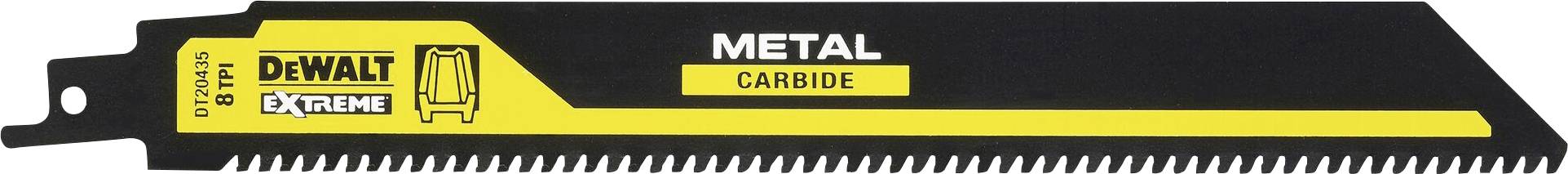 Kovinska žaga z napisom 'METAL CARBIDE', blagovna znamka DEWALT, serija Extreme. Ostri zobje za natančnost in vzdržljivost.