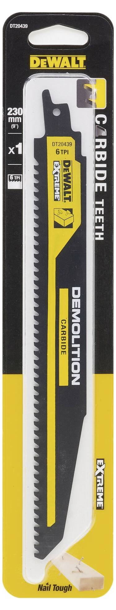 Žaginsko rezilo DeWalt v embalaži, 230 mm, z napisom 'Demolition Carbide Extreme', primerno za rezanje žebljev.