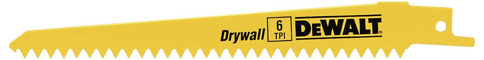 Rumeno žagino rezilo z napisom 'Drywall 6 TPI DEWALT', primerno za rezanje mavčnih plošč.