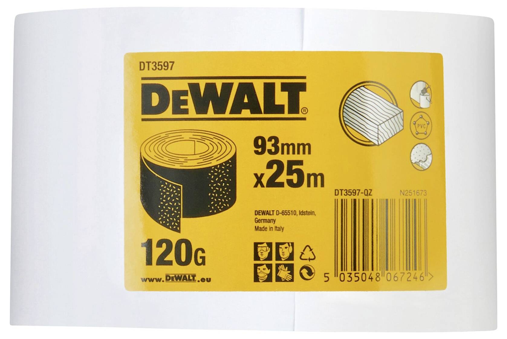 Etiketa brúsnega traku 'DeWALT', 93 mm x 25 m, 120G, izdelano v Italiji. Vsebuje črtno kodo in opozorilne simbole.