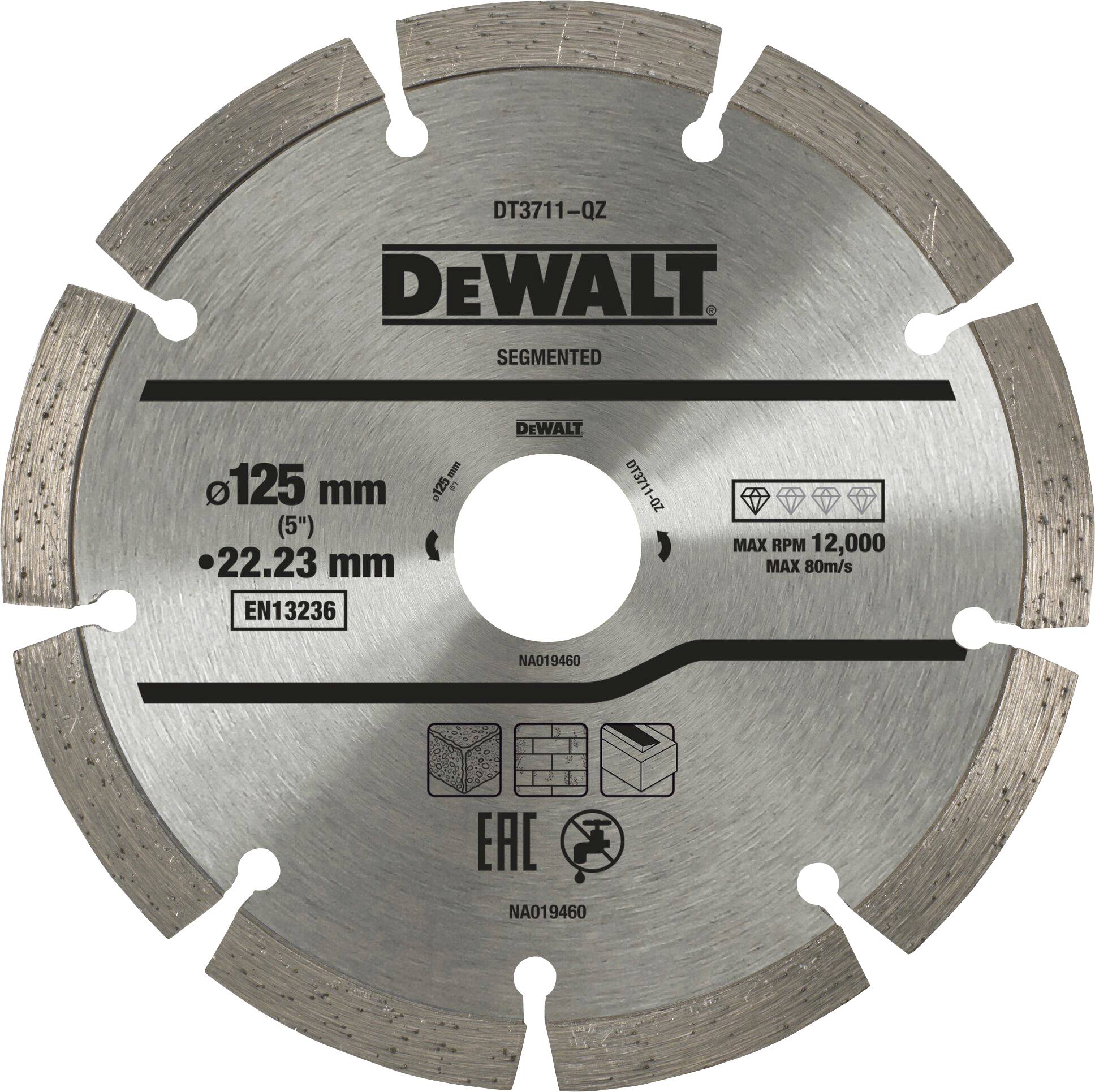 Krožna žaga DeWalt, 125 mm, za beton, maksimalno 12.000 obratov/min. Primerna za rezanje različnih materialov.