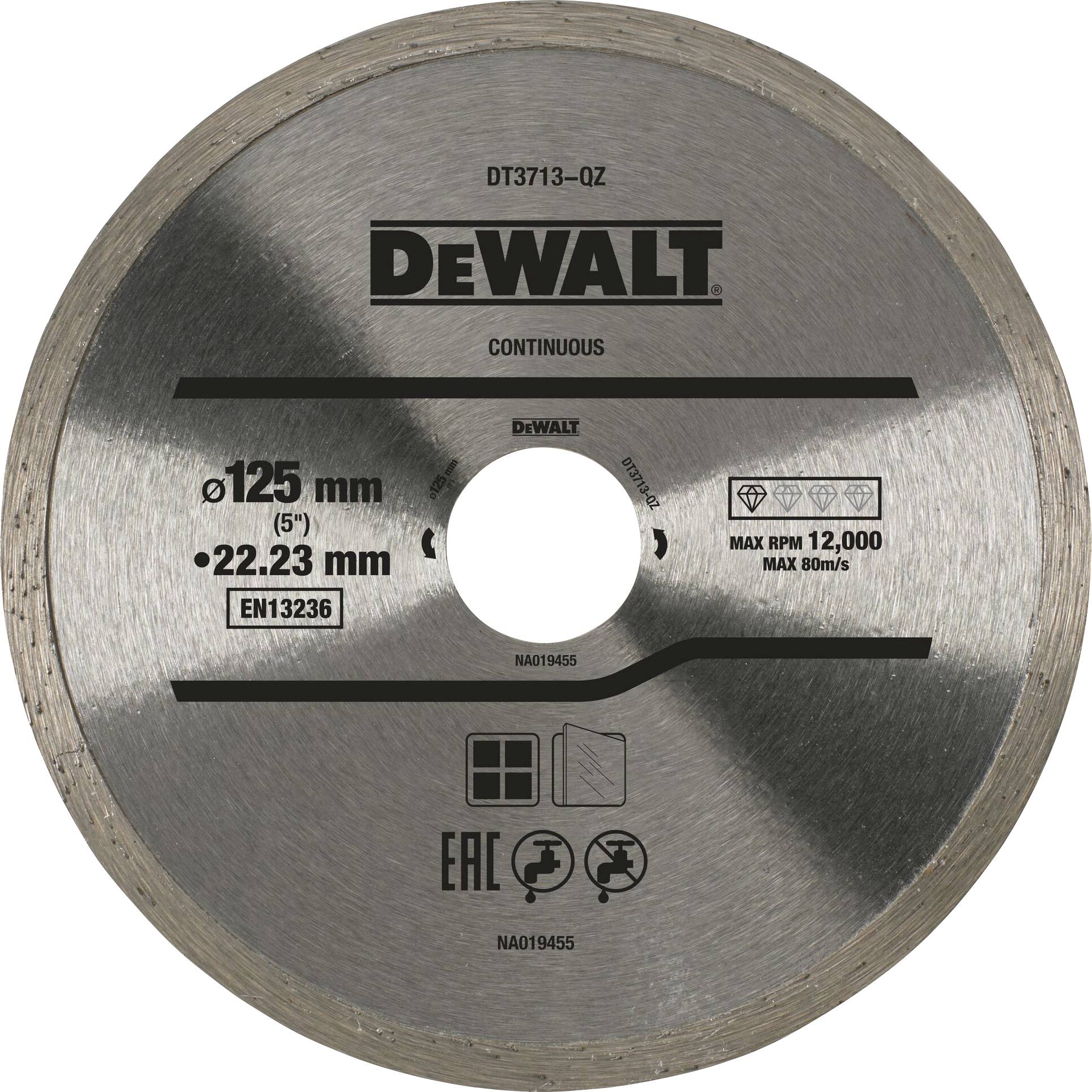 Plošča za kotni brusilnik DeWALT, premer 125 mm, maksimalno 12.000 obratov na minuto, primerna za gradbena dela.