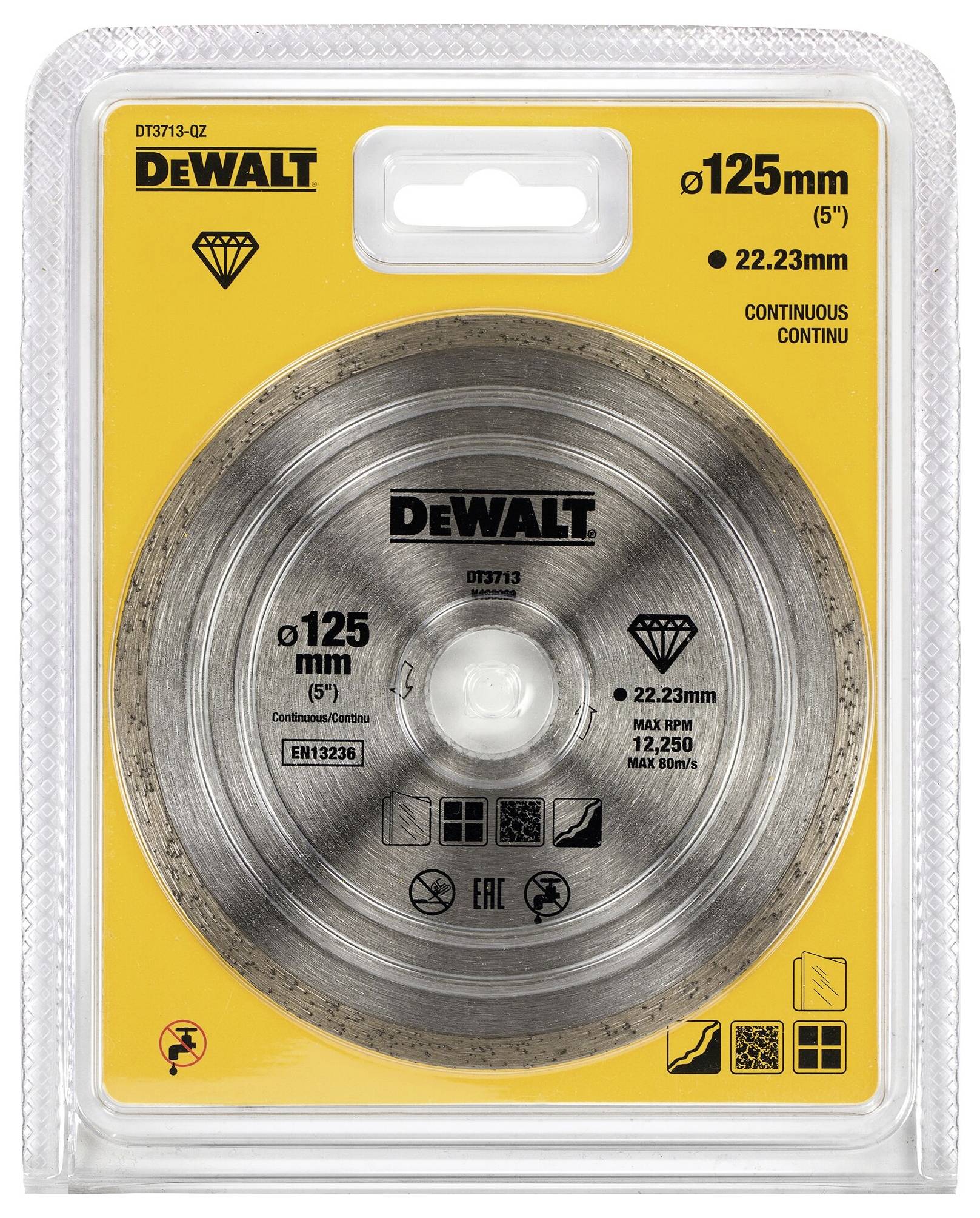 DeWalt diamantna rezalna plošča premera 125 mm v blister embalaži, primerna za maksimalno 12.250 obratov na minuto, z neprekinjenim robom.