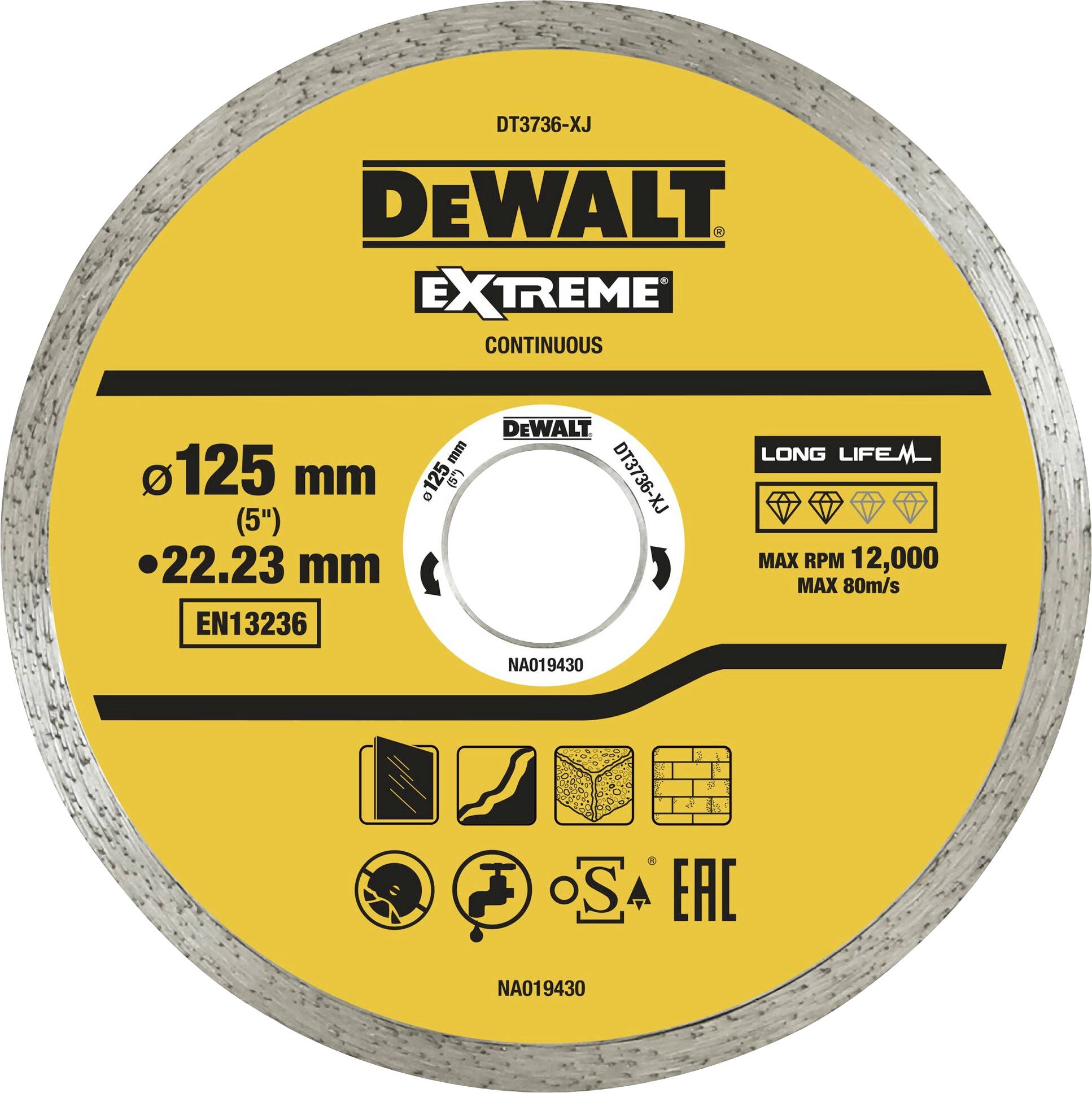 Rezilo znamke DeWalt z rumeno nalepko, premera 125 mm, namenjeno maksimalni hitrosti do 12.000 obratov na minuto, primerno za različne rezalne aplikacije.