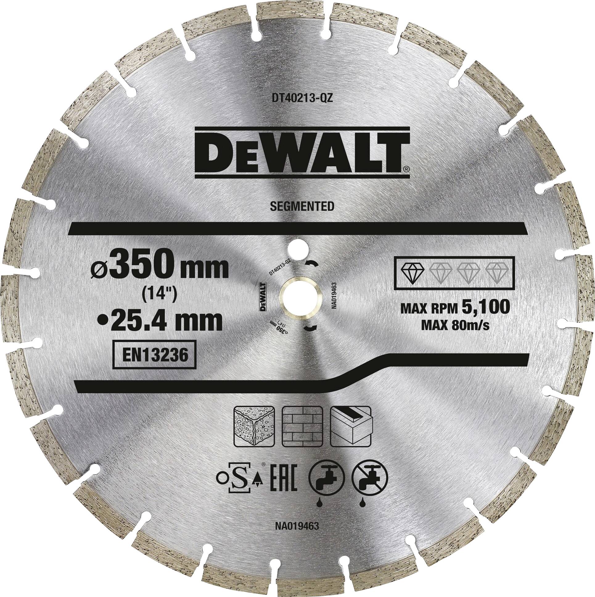 Srebrna plošča z logotipom 'DEWALT', specifikacije: premer 350 mm, maksimalna hitrost vrtenja 5.100 obratov/min, namenjena za gradbene in kamene materiale.