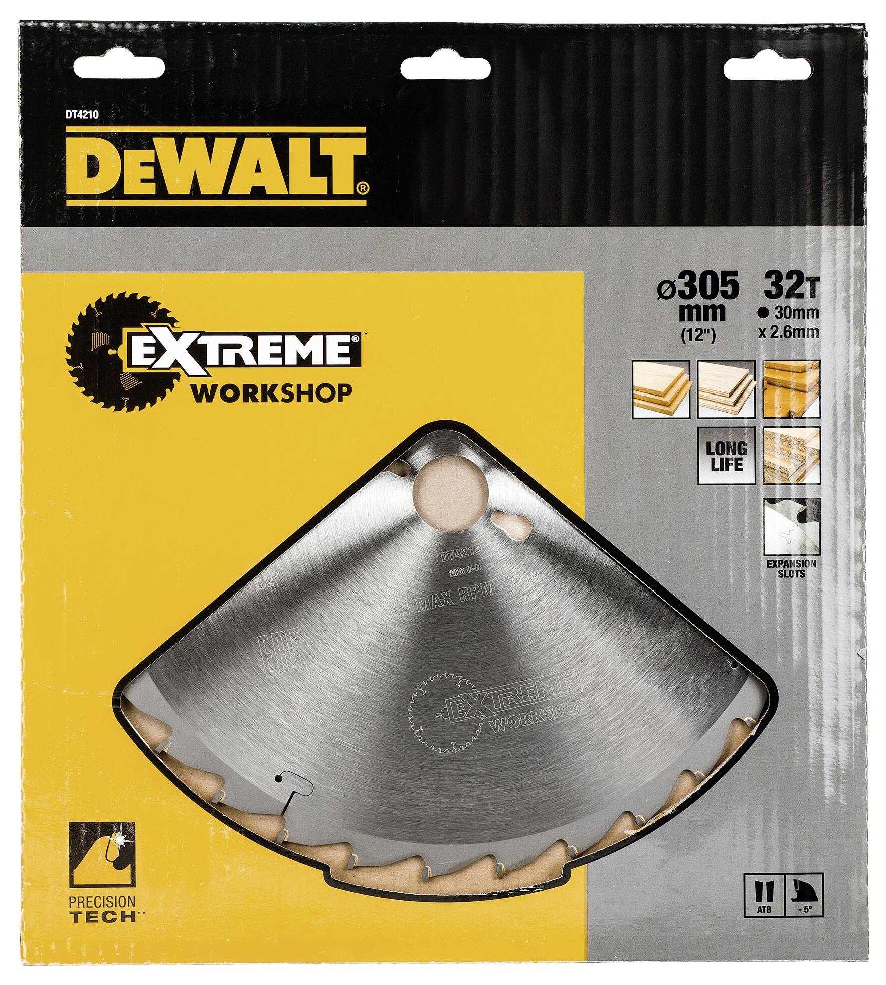 Embalaža DeWalt krožne žage: premer 305 mm, 32 zob. Primerna za rezanje lesa in laminata, poudarja vzdržljivost.