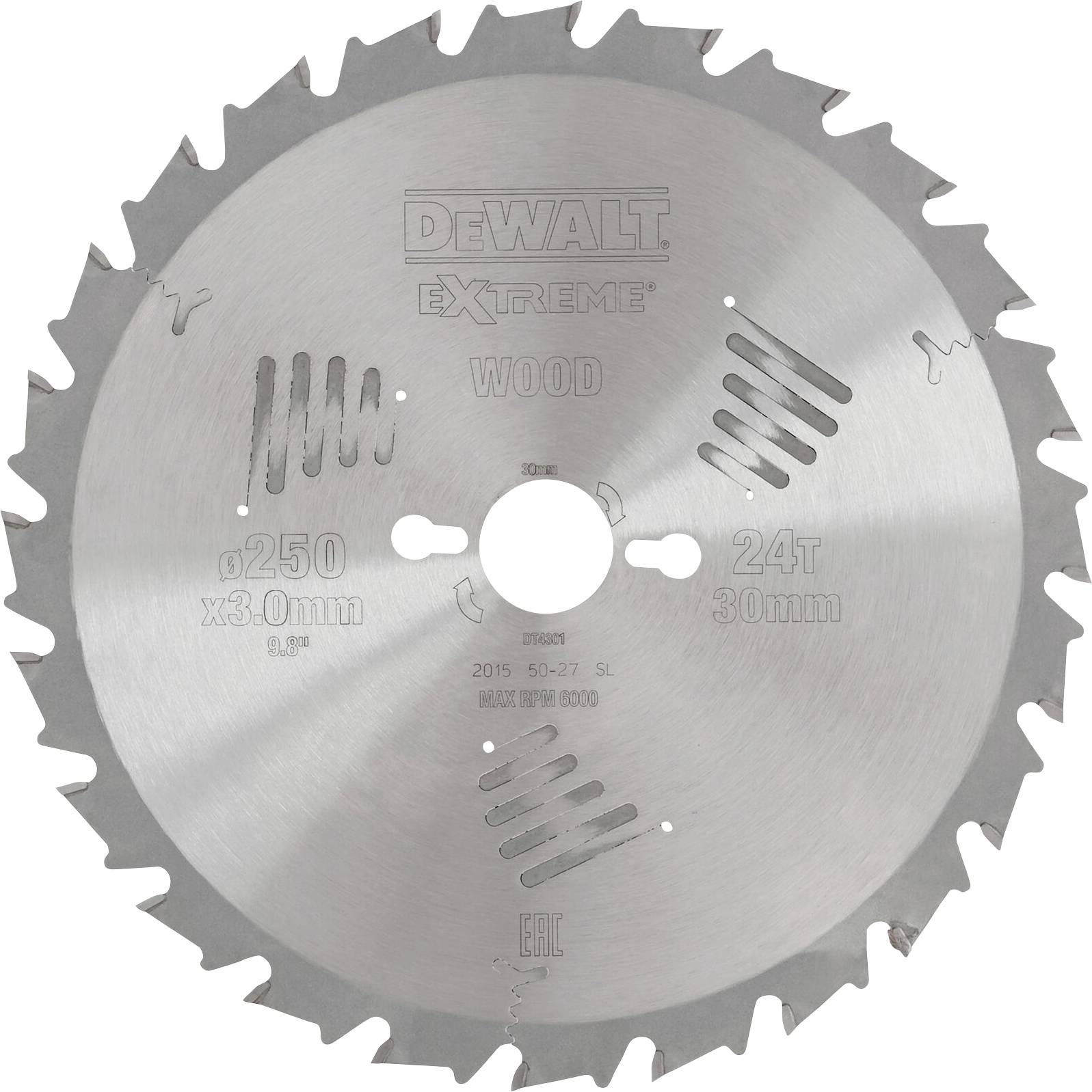 Krožna žaga z napisom 'DEWALT EXTREME WOOD', 24 zob, premer 250 mm, primerna za les.