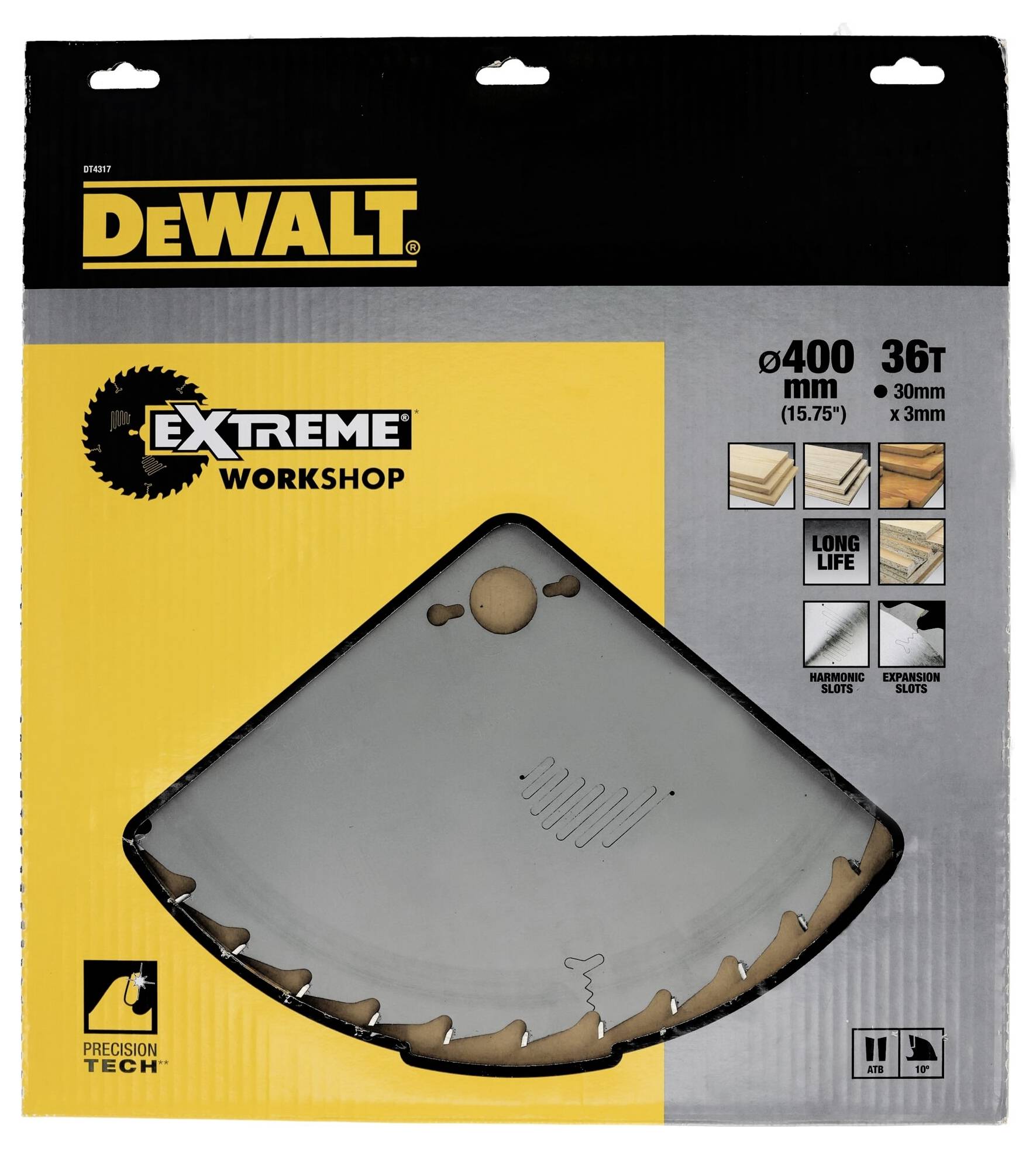 Embalaža DeWalt žaginega lista s premerom 400 mm in 36 zobmi. Primerno za les, vezane plošče, MDF in iverne plošče.