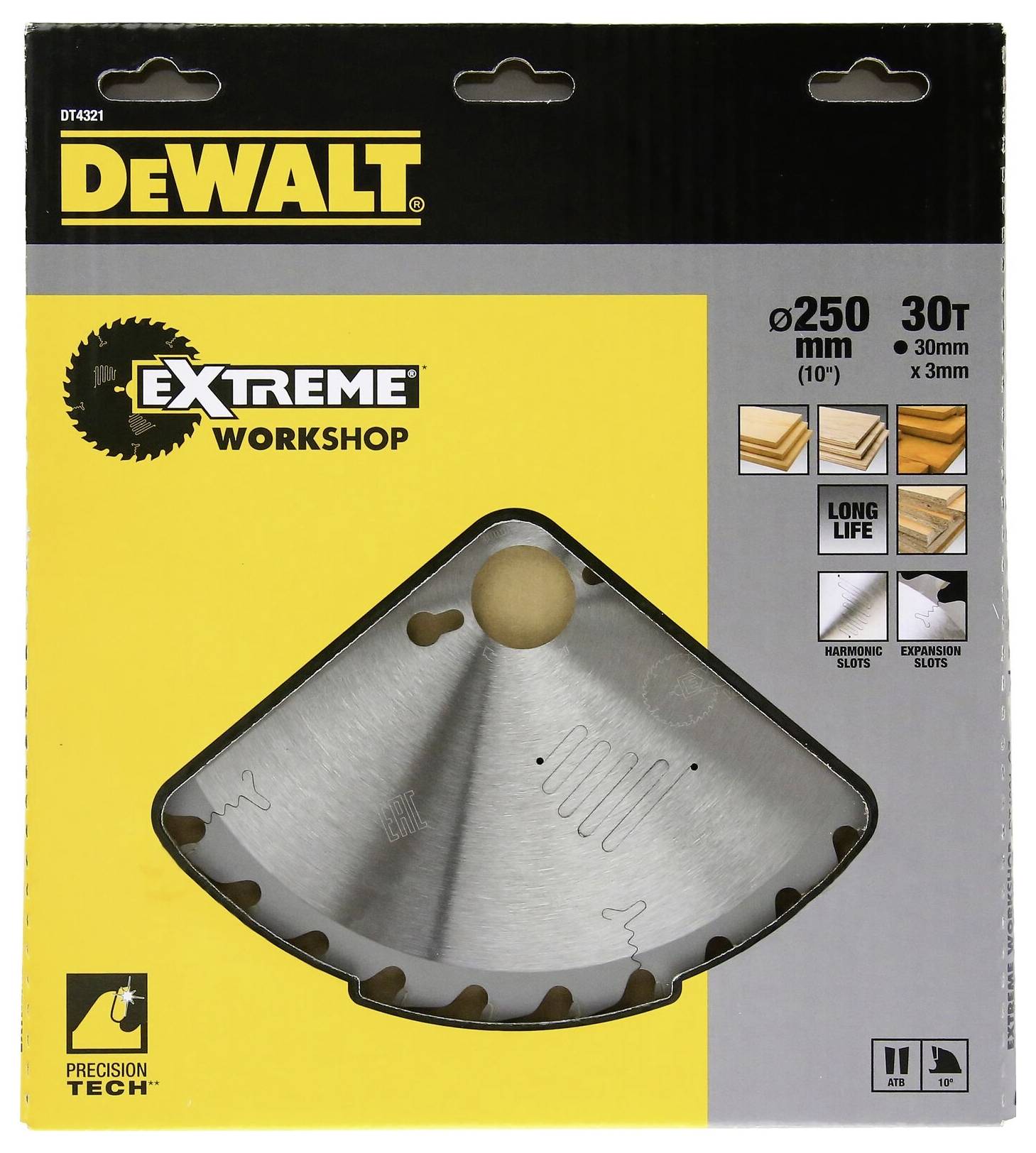 Embalaža DeWalt krožne žage, premer: 250 mm, 30 zob. Primerna za les, dolga življenjska doba, precizna tehnologija.