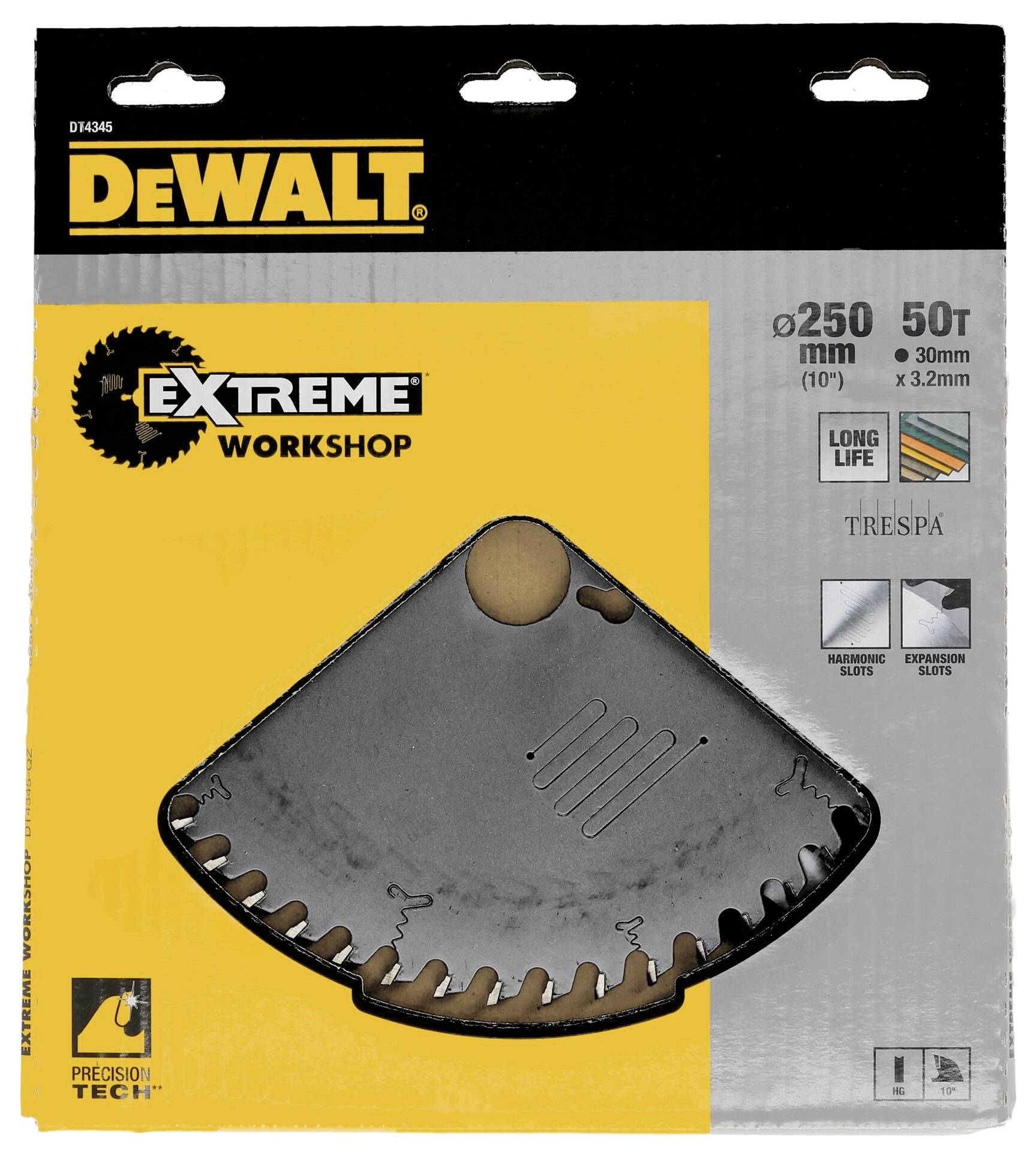 Embalaža DeWalt krožne žage, premer 250 mm, 50 zob, za dolgo življenjsko dobo, primerna za ekstremno uporabo v delavnici.